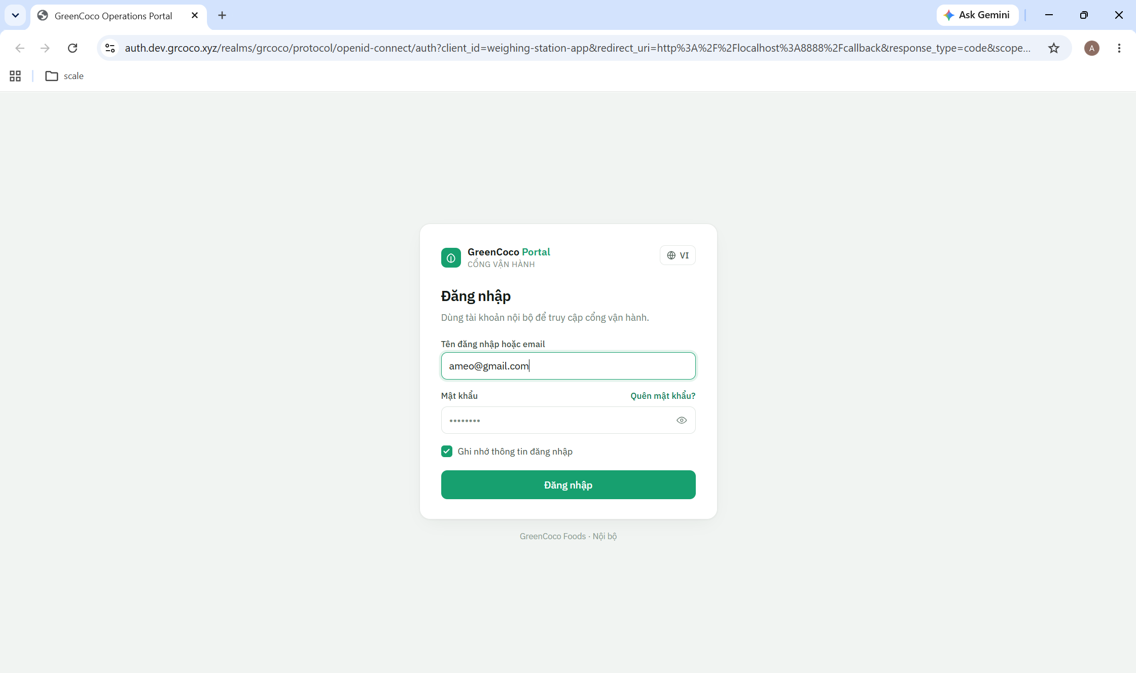 Trang đăng nhập GreenCoco Portal trên trình duyệt Chrome