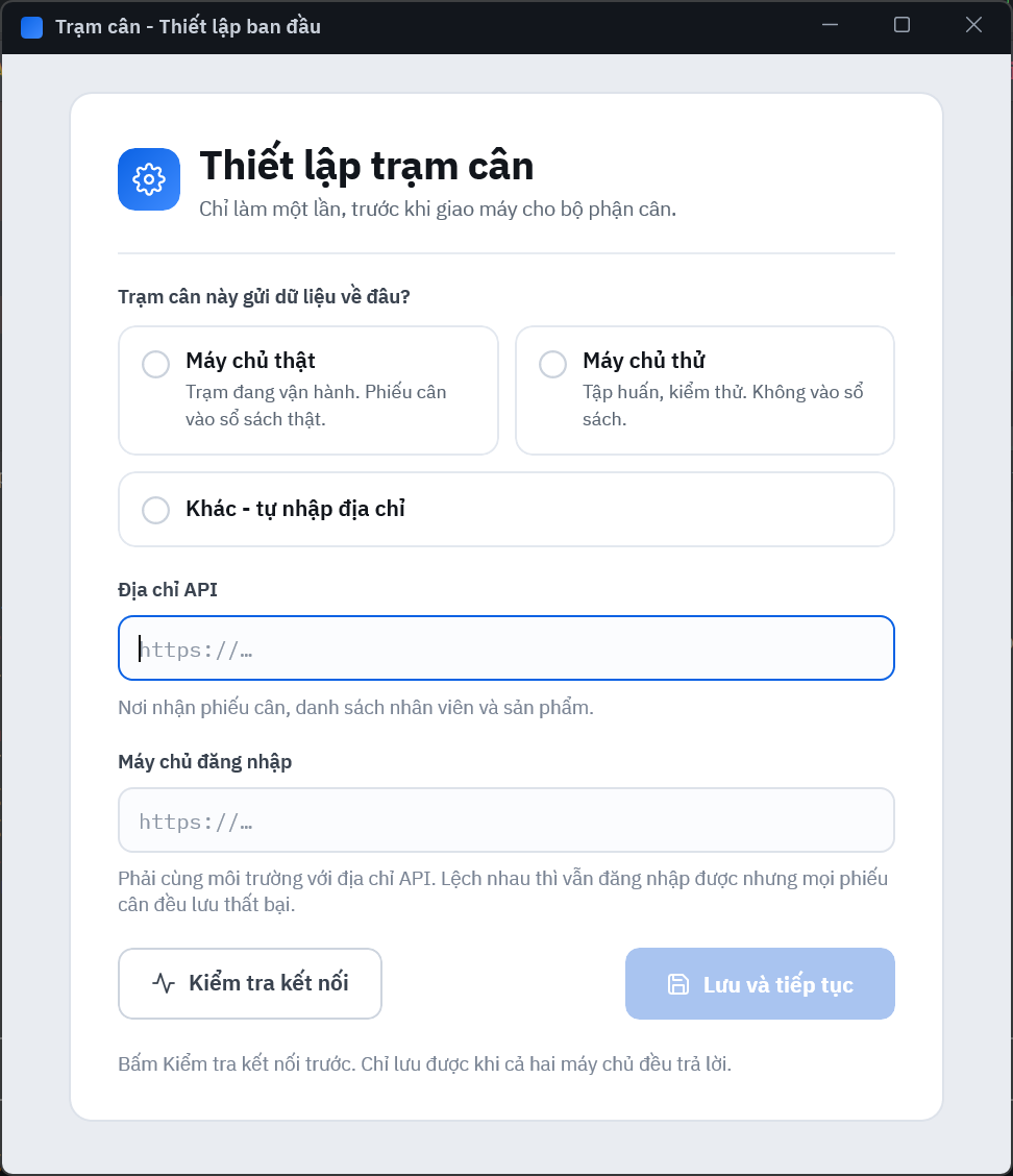 Màn hình Thiết lập trạm cân khi chưa chọn gì